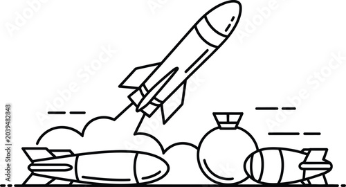 Photos Linear vector graphic of rocket ship launch with missiles propulsion transportation technology ignition exploration