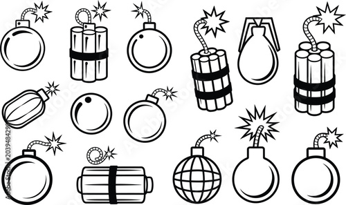 Tableau sur toile Set of bomb and explosive icons with burning fuses explosive dynamite detonation military destruction emergency
