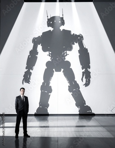 Giant Robot Shadow and Man: A man in a suit stands before a large screen displaying the imposing shadow of a giant robot, suggesting a blend of technology and human presence.
