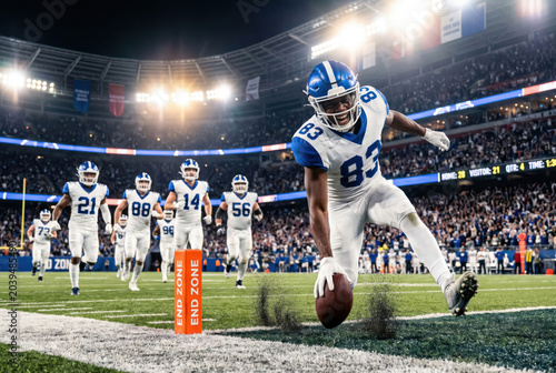 Dramatic Moment as Player Dives for Touchdown in Fierce Football Match at the End Zone