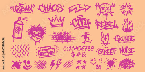 Bilde på lerret Urban graffiti elements set in pink color on orange background featuring words like chaos rebel and various icon symbols