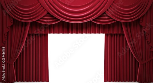 Elegant red velvet stage curtains open revealing a bright white blank space