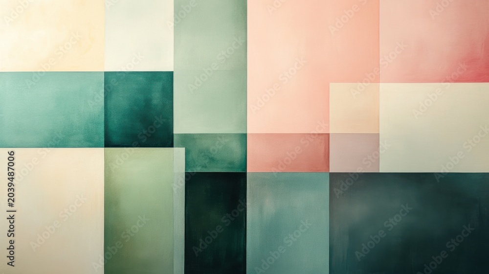 Fototapeta premium Geometric abstraction with rectangles in moss green and light taupe on a cream background highlighting smooth gradients and a minimal design