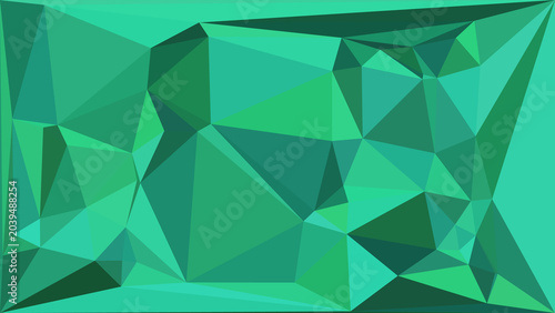 A vibrant abstract low-poly background featuring a complex geometric pattern in various shades of green and teal, creating a modern and dynamic visual texture.
