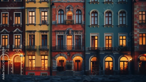 A photo of colorful urban facades in the evening light.