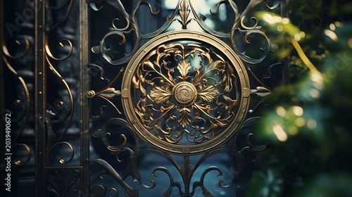 A photo of decorative ironwork on a garden gate