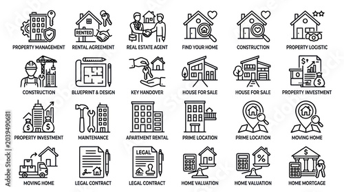 Photos Extensive real estate line icon set with descriptive labels.