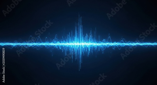 Vibrant blue sound waveform pulsating with energy on a dark background