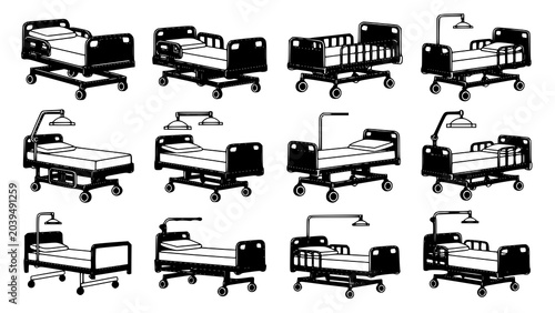 Fotografía Icon set of adjustable patient hospital beds with overhead traction frames, hosp