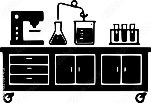 Obraz na plátne Black and white illustration of a laboratory workbench with science equipment and storage