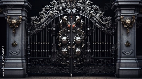 A photo of detailed iron gate with vintage design.