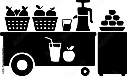Bilde på lerret Black silhouette illustration of a fruit cart with baskets of apples, a juicer, and fresh juice, conveying a healthy lifestyle and fresh produce on-the-go