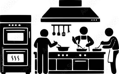 Photos Black silhouette illustration of people cooking together in a modern kitchen with oven and range hood, preparing a meal