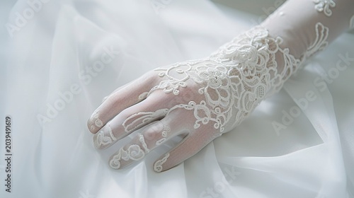 A photo of elegant lace gloves on a white table