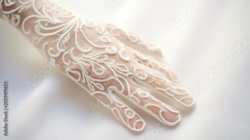 A photo of elegant lace gloves on a white table