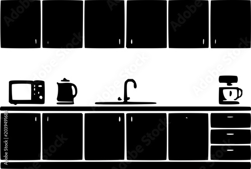 Tableau sur toile Black and white kitchen interior with modern appliances and cabinetry, simple line art style illustration for design and decoration purposes