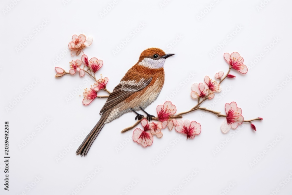 Fototapeta premium Cute bird in embroidery style animal flower plant.