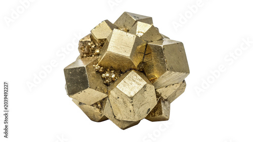 Bild auf Leinwand Natural cluster chunk of metallic golden pyrite mineral crystal isolated on tran