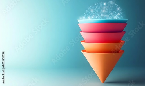 Stacked colorful funnels abstract digital art with glowing network visualization visualization visualization.