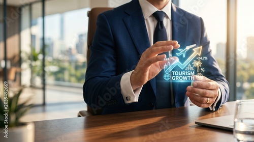 Tourism Industry Growth Concept with Glowing Travel Expansion Icon, Business Professional in Luxury Office Representing Global Tourism Development, Hospitality Market and Economic Recovery