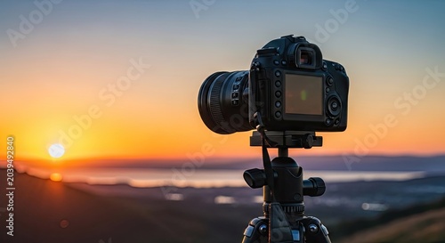 Camera on tripod capturing sunset over landscape scenery photography