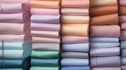 A photo of folded shirts in various pastel colors.