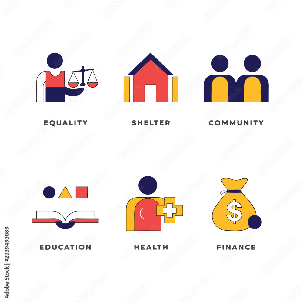 Fototapeta premium A collection of six social policy icons with text labels for equality and health in navy blue red and yellow tones on a white background.