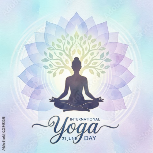 International yoga day meditation poster with tree and lotus