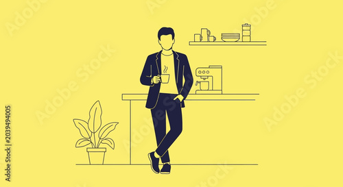 Foto Man holding hot coffee cup in a minimalist kitchen setting