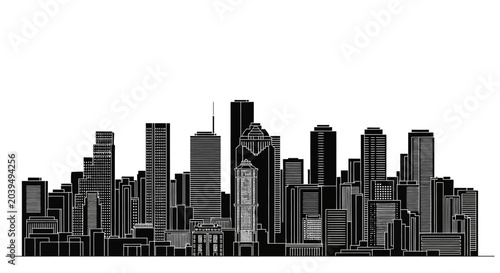 Houston City Skyline Silhouette, Detailed Urban Metropolis Vector