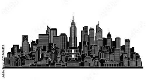 Black and white city skyline silhouette with detailed skyscrapers