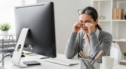 Tired Young Businesswoman Rubbing Her Eyes While Working on Computer in Modern Office, Feeling Eye Strain and Fatigue