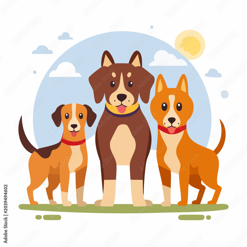 Fototapeta premium 並んで立つ3匹の犬たちのベクターイラスト