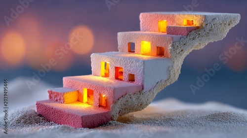 Pink Staircase with Glowing Windows on Sandy Beach at Sunset