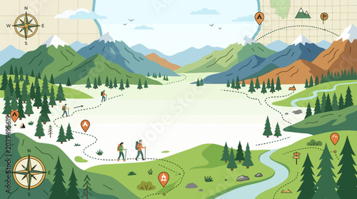 Bild auf Leinwand Nature hiking flat vector background, mountains, pine trees and map elements, sp