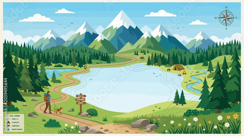 Schilderij op canvas Nature hiking flat vector background, mountains, pine trees and map elements, sp