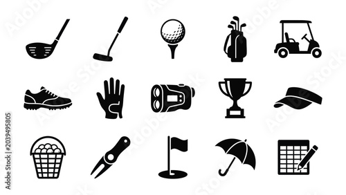 Black golf icons set including clubs, ball, bag, cart, shoe, glove, scorecard