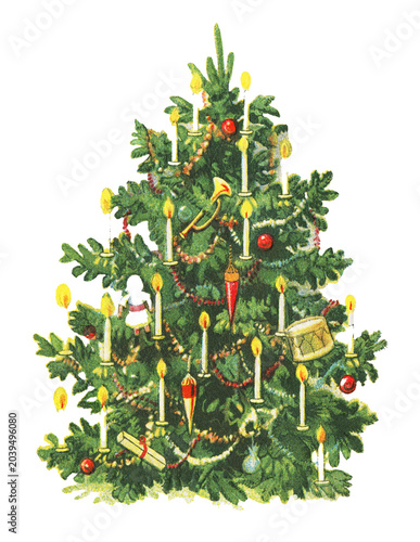 Christmas greetings card. Christmas tree vintage illustration. Watercolor