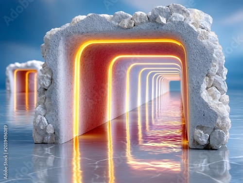 Neon Lit Tunnels in Futuristic Concrete Structure