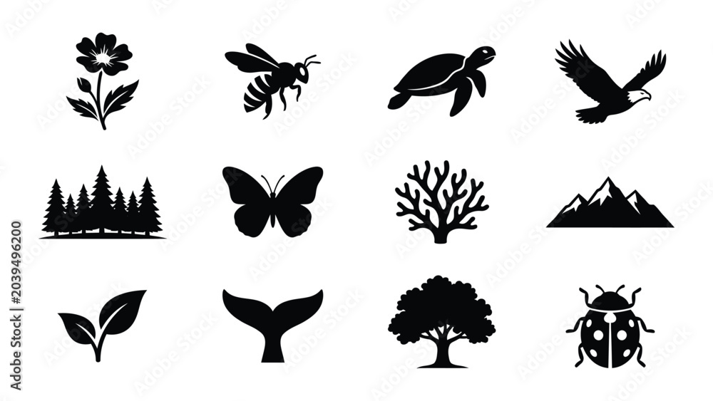 Obraz premium Black silhouettes of nature icons and animals