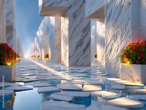 Marble Pillars with Red Flowers in White Planters on Stepping Stones