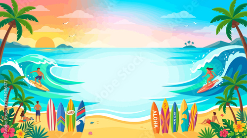 Sticker Bright surfing flat vector background, ocean waves, surfboards and tropical grad
