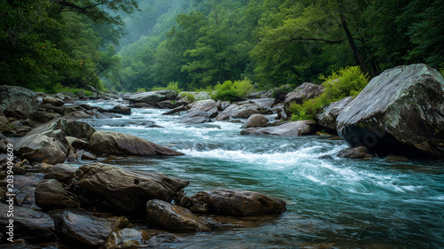 A detailed view of a river with fast flowing, light blue water cascading over and around a multitude of wet rocks. the rocks vary in size. Ai generated