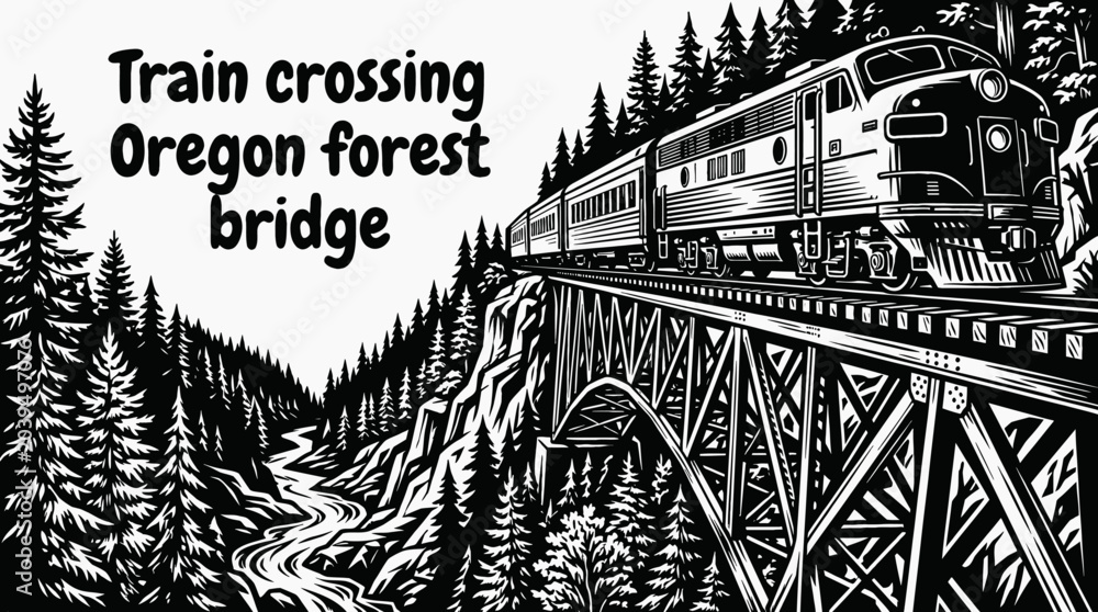 Naklejka premium passenger train crossing oregon forest bridge black and white vector railway scenic landscape