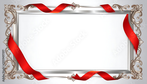 Ornate silver photo frame with swirling red ribbons, decorative border, copy space for text, elegant celebration or award design element