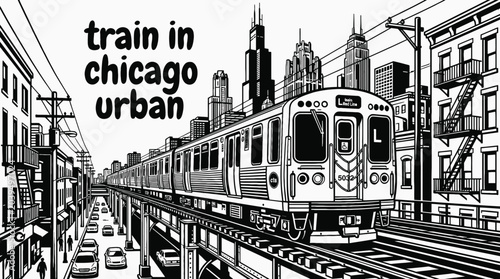 Electric train moving through chicago urban skyline vector illustration black and white railway transportation