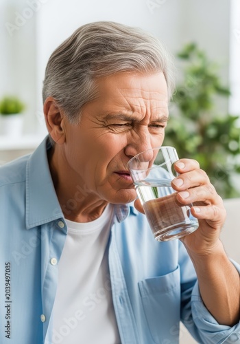 Senior man experiencing difficulty swallowing while drinking water at home, healthcare and aging concept.