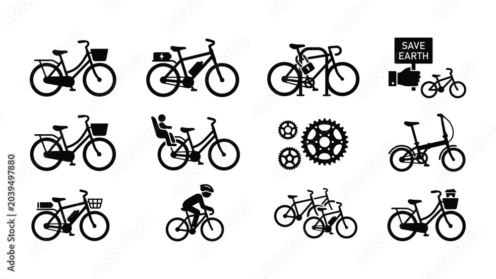 Fototapeta premium Black bicycle silhouettes with save earth sign