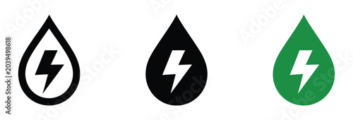 Foto Water drop lightning bolt icons featuring flat hydropower energy symbols in three variations for renewable power and sustainability concepts