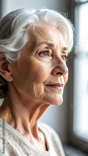A close-up portrait of an elderly woman with white hair